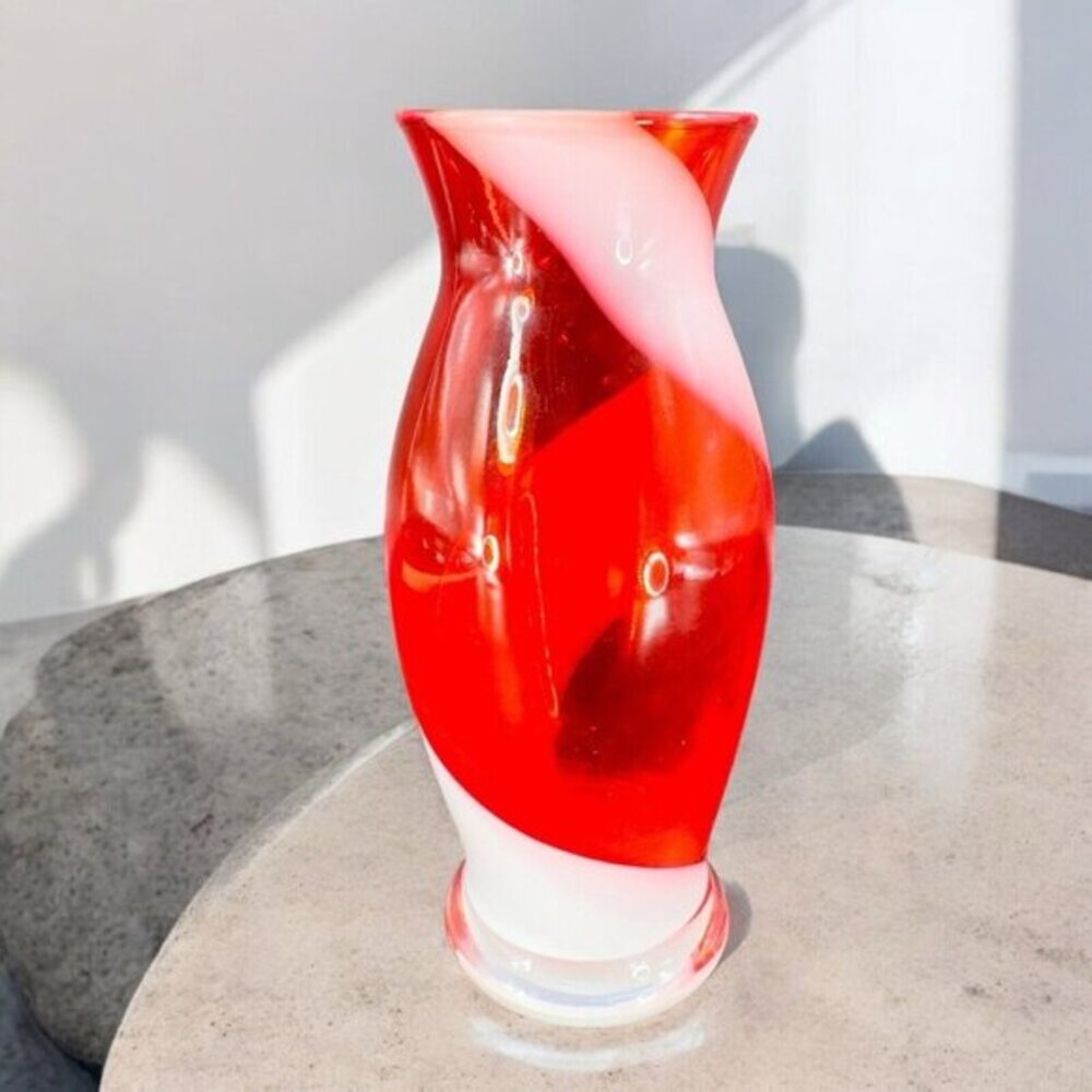 Art Glass Vase‎ With White Red Lines All Over Glass Vase Vessel House Decor Vase